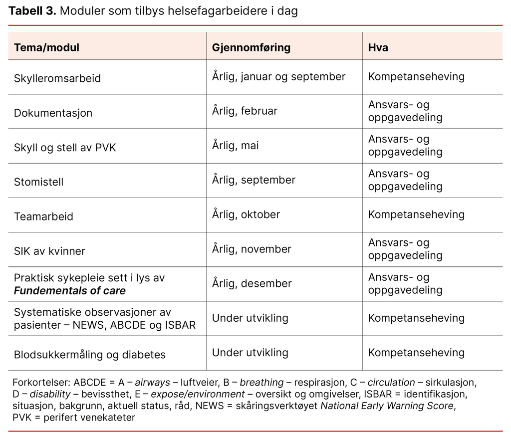 Tabell 3. Moduler som tilbys helsefagarbeidere i dag